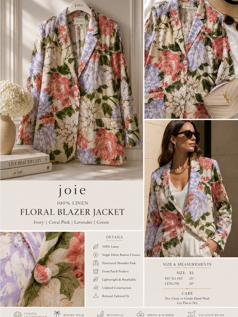 Joie Ivory Floral Linen Blazer Jacket - Coral Pink & Lavender Women’s Size XL